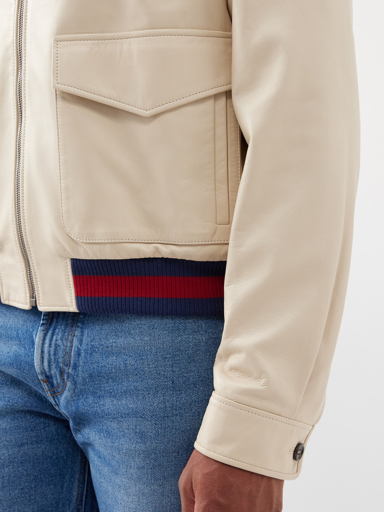 Beige Web-stripe leather jacket, Gucci