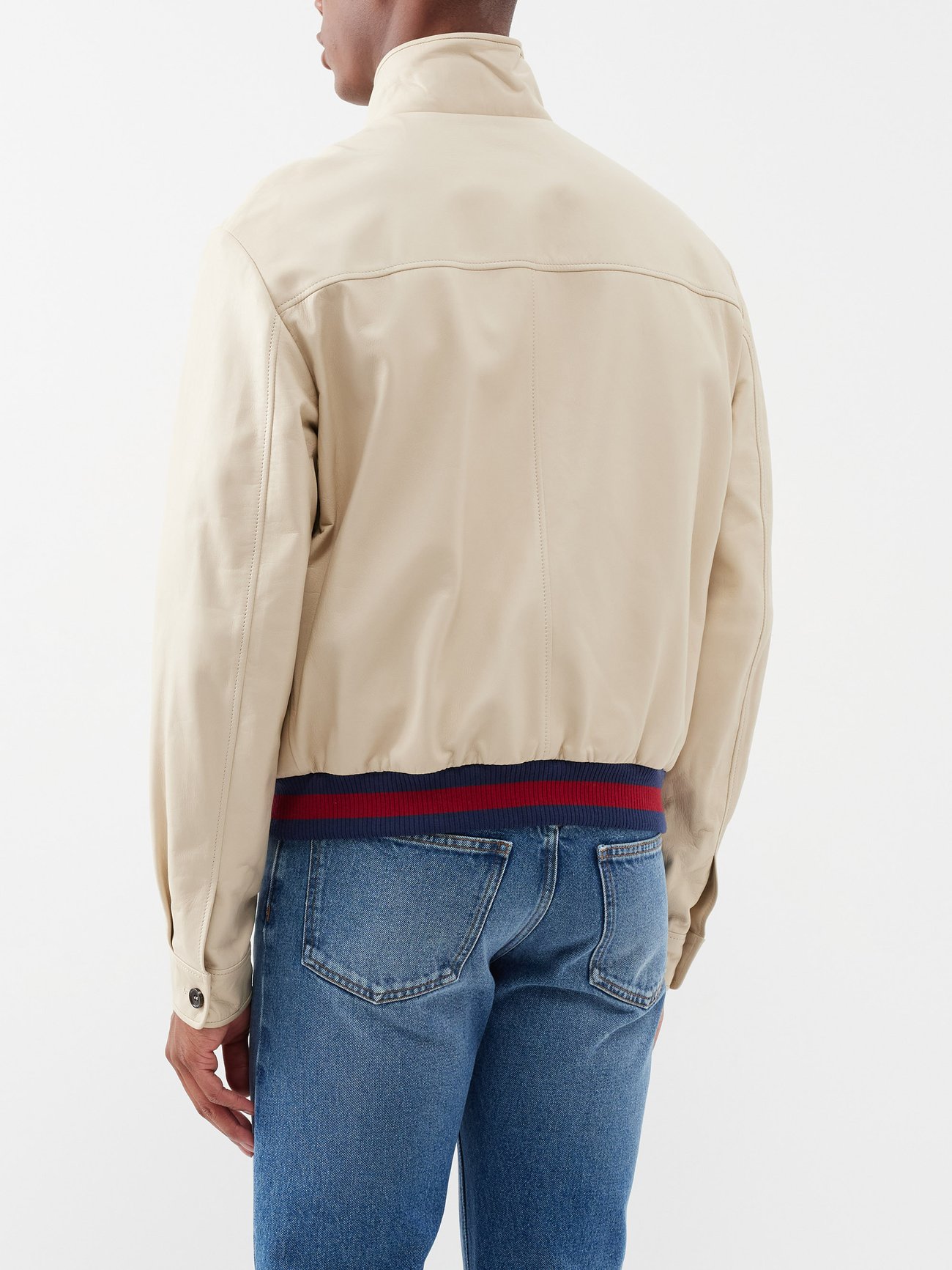 Beige Web-stripe leather jacket, Gucci