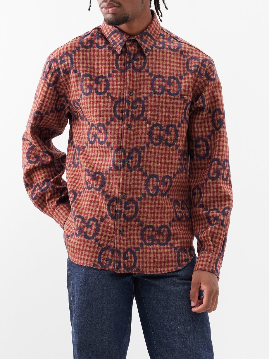 Gucci Checked Logo-jacquard Wool Shirt in Red for Men