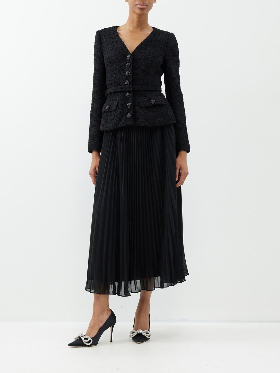 Black Pleated-skirt bouclé and chiffon midi dress | Self-Portrait ...