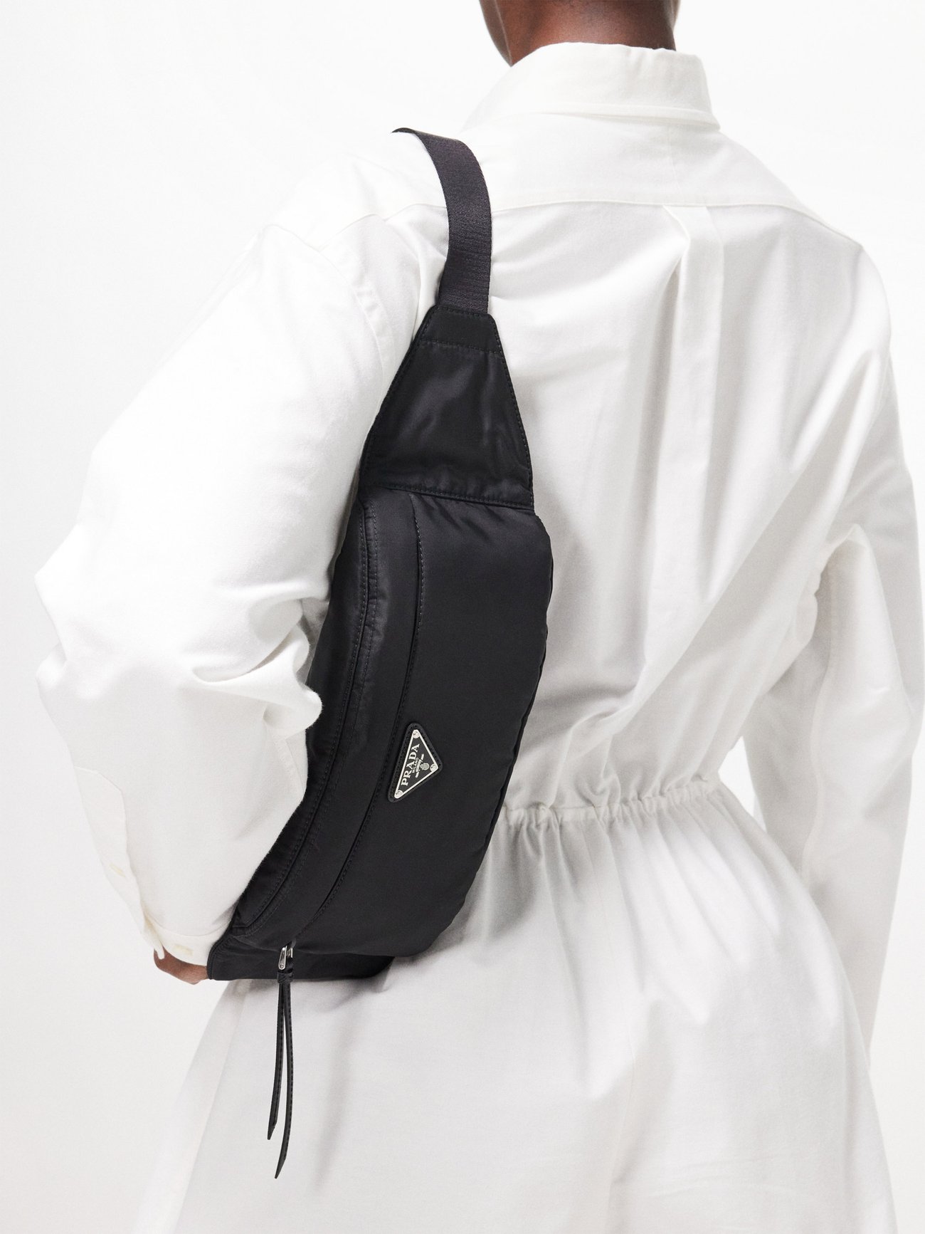 Prada Black Belt Bag Waist Bag Triangle Logo Nylon and Leather Silver –  Priscilla Posh