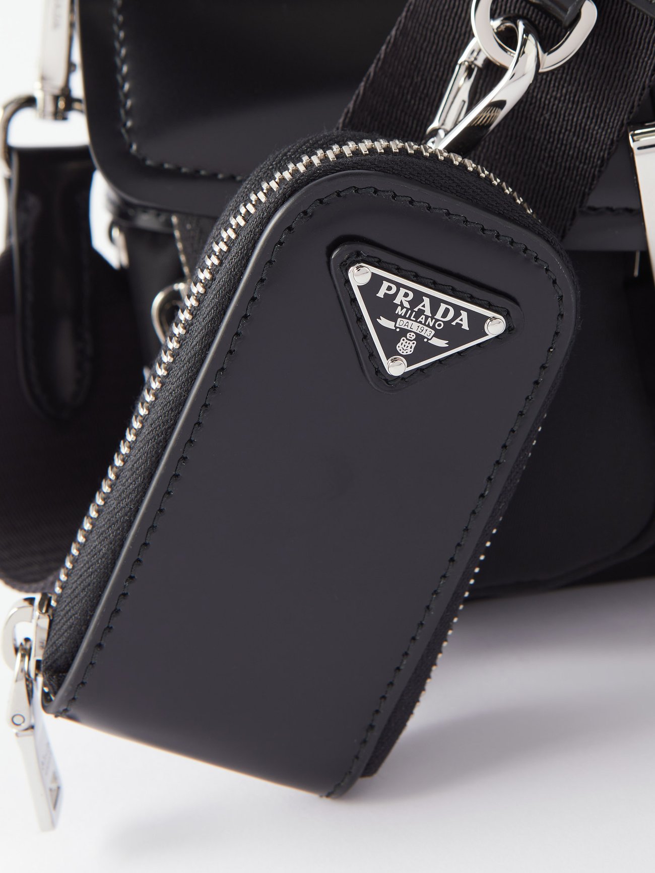 Black Pocket buckled leather shoulder bag, Prada