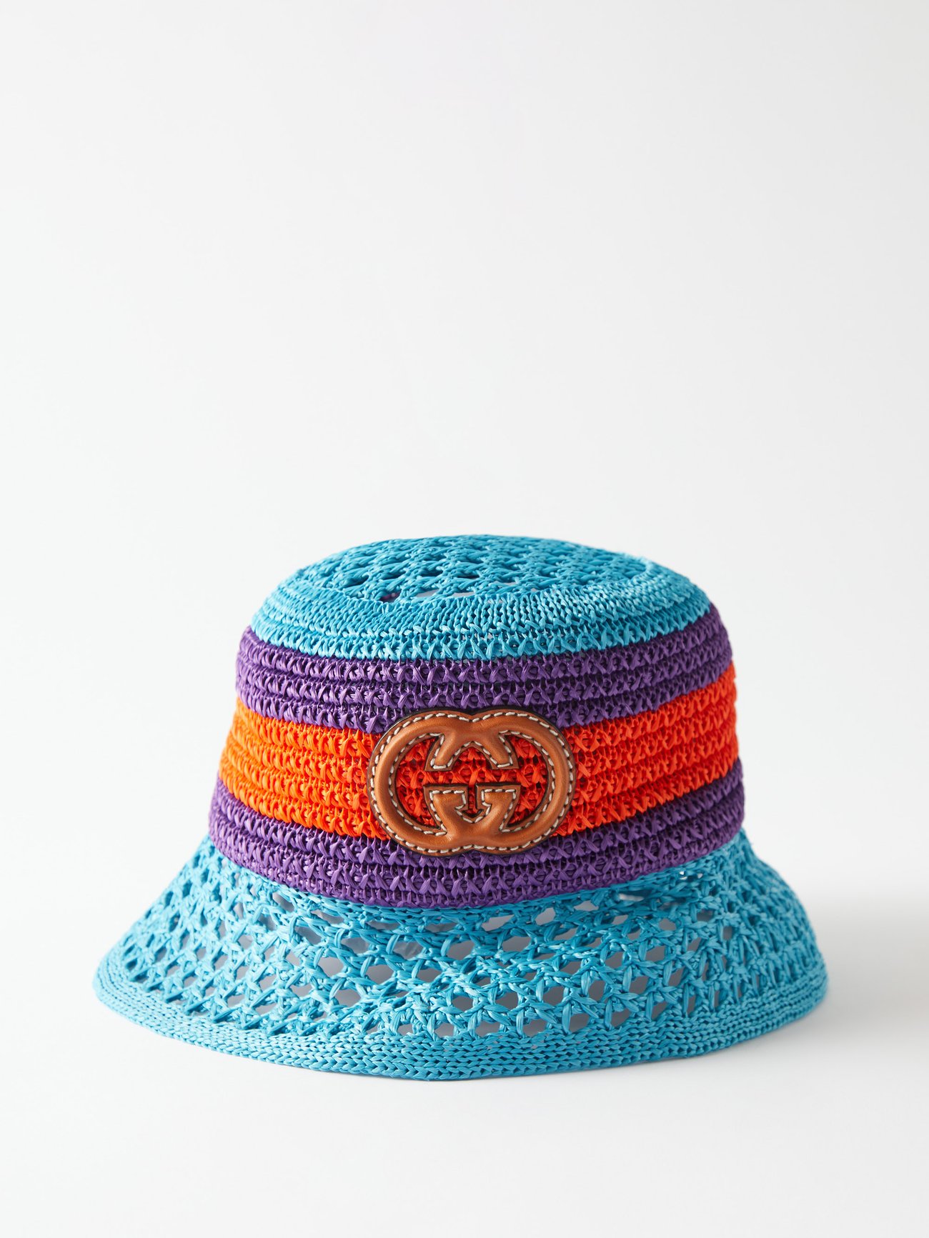 Purple GG-appliqué striped crochet bucket hat, Gucci