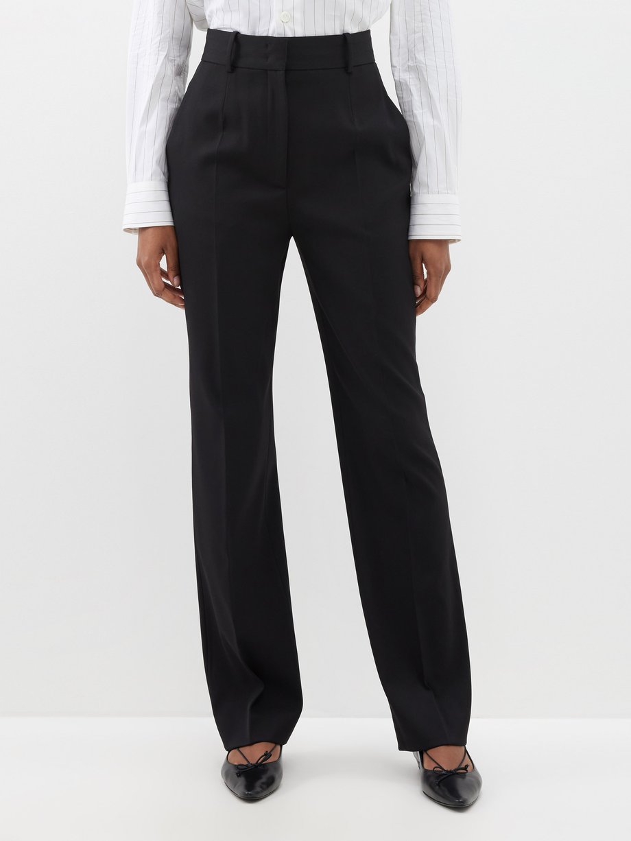 Black High-rise wool-blend straight-leg trousers | Another Tomorrow ...