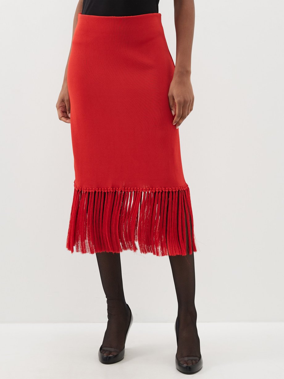 Red Fringed viscose midi skirt | Another Tomorrow | MATCHESFASHION UK