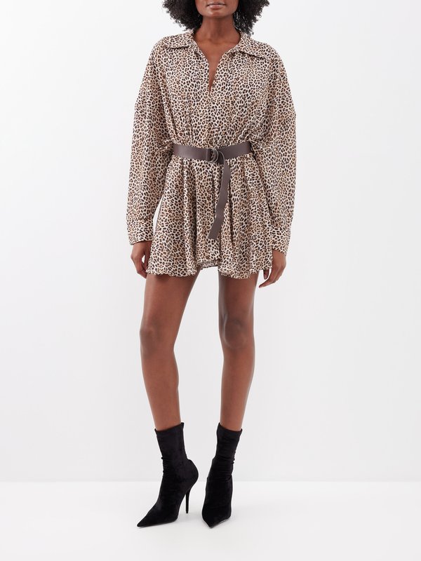 Norma Kamali Oversized leopard-print georgette mini shirt dress