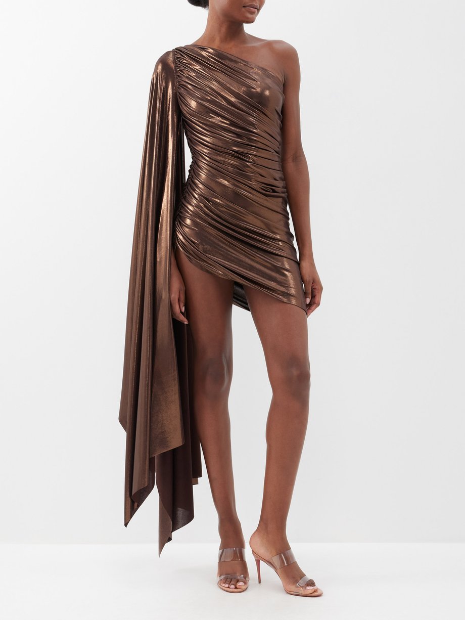 Brown Diana asymmetric one-shoulder lamé mini dress | Norma Kamali ...