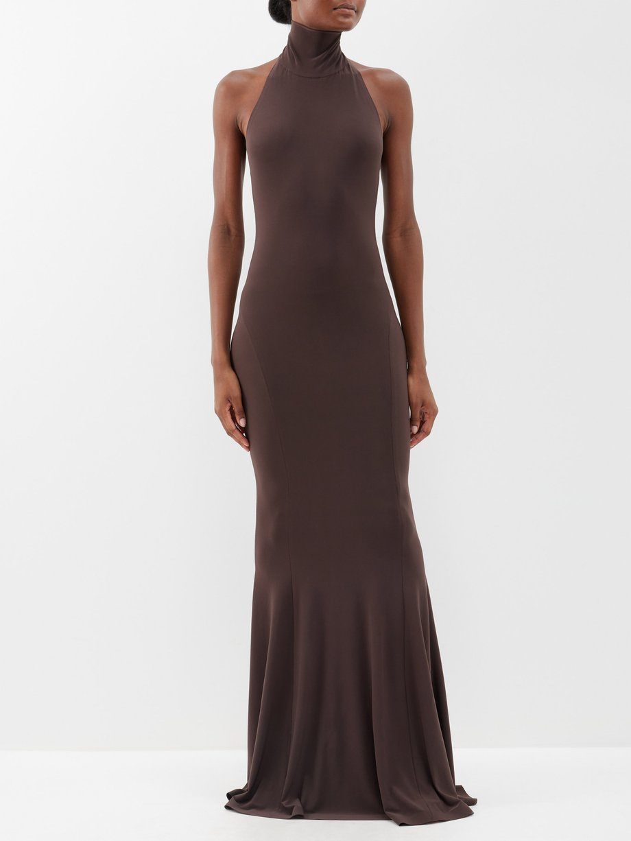 Brown High-neck jersey fishtail gown | Norma Kamali | MATCHES UK
