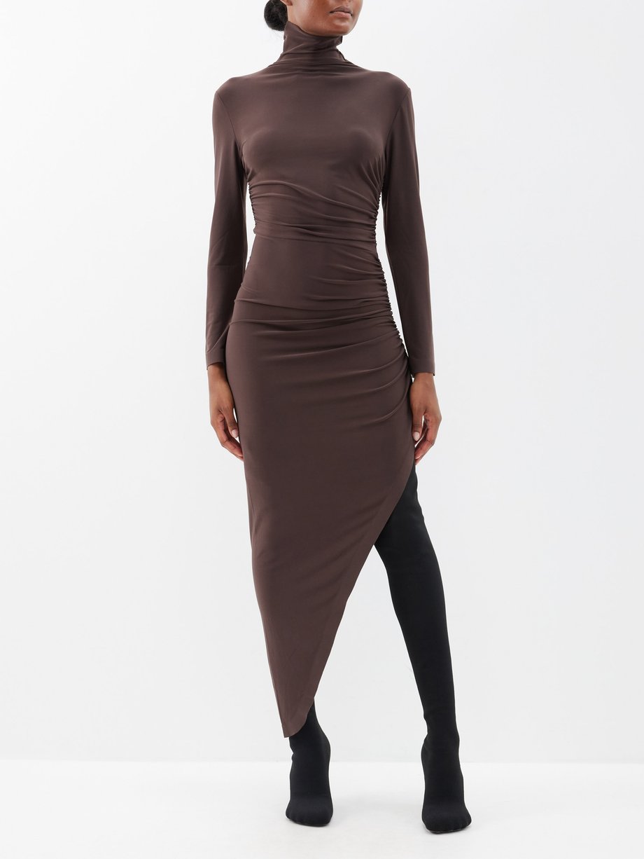 Brown Turtle asymmetric ruched jersey dress | Norma Kamali | MATCHES UK