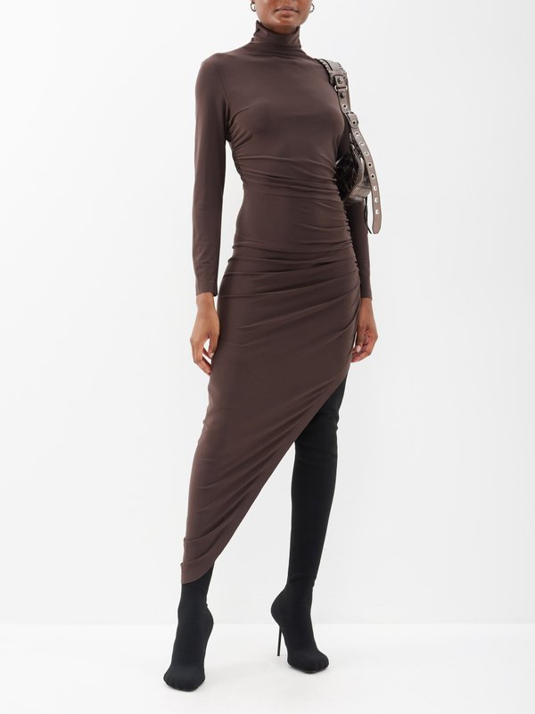 Brown Turtle asymmetric ruched jersey dress