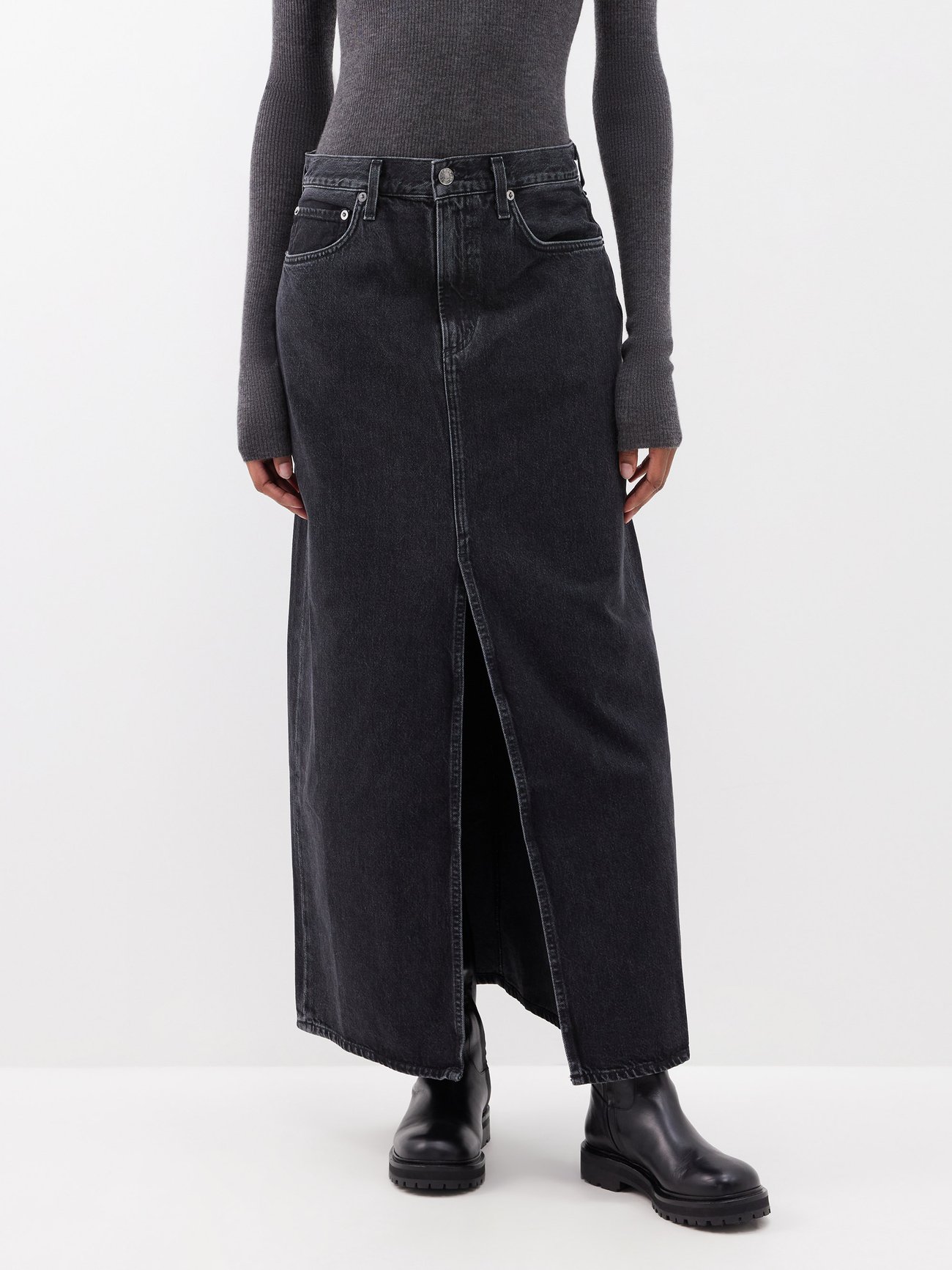 Black Leif front-slit denim midi skirt | Agolde | MATCHES UK