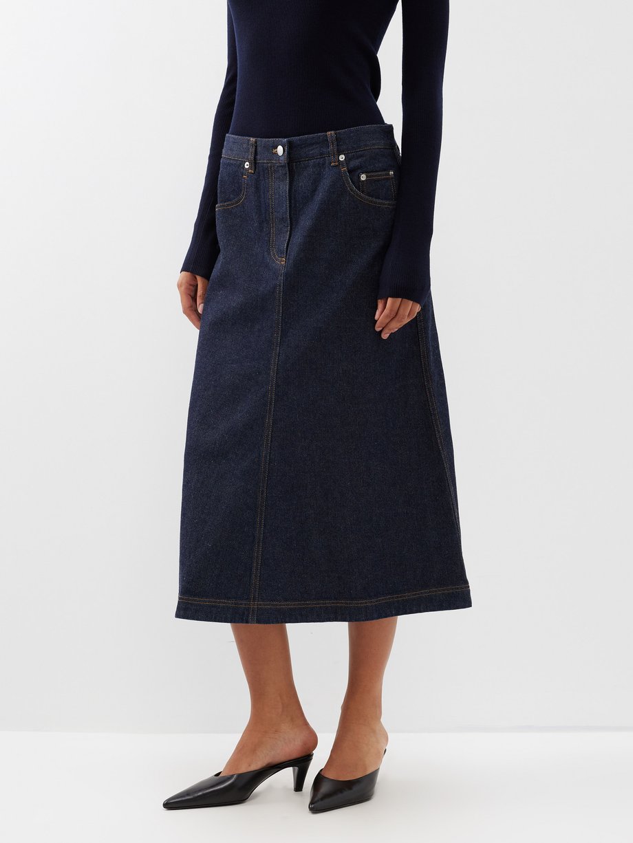 Blue Asymmetric-pocket denim A-line skirt | Tibi | MATCHES UK