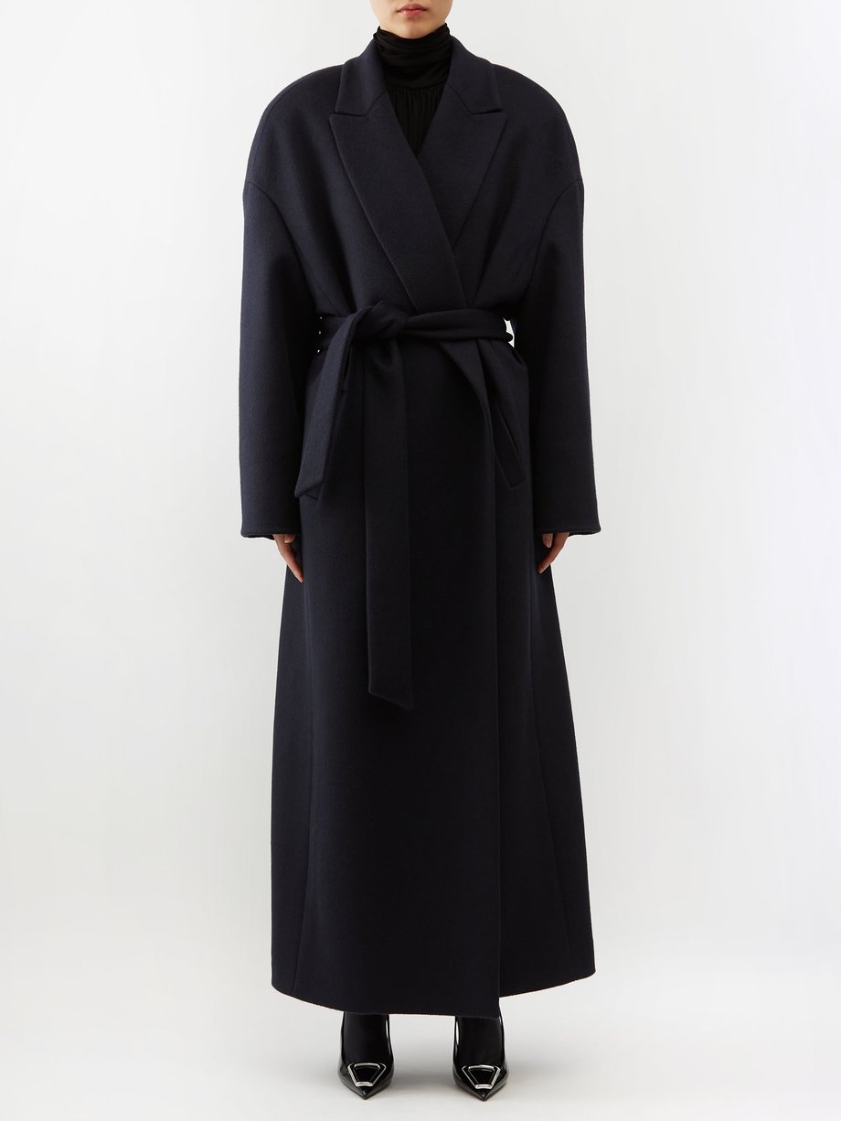 Navy Peak-lapel belted cashmere-blend felt wrap coat | Saint Laurent ...
