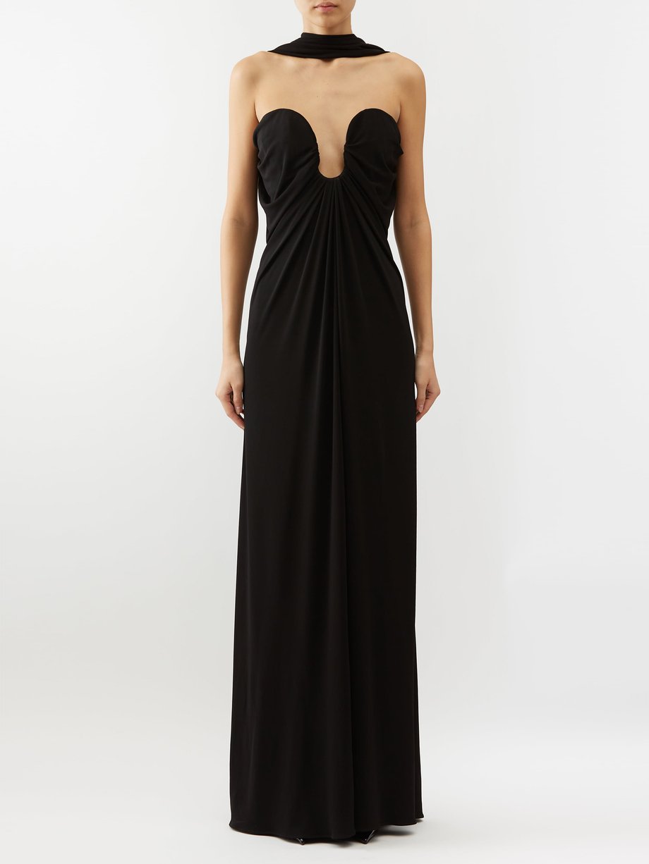 Black Scarf-neck gathered crepe bustier gown