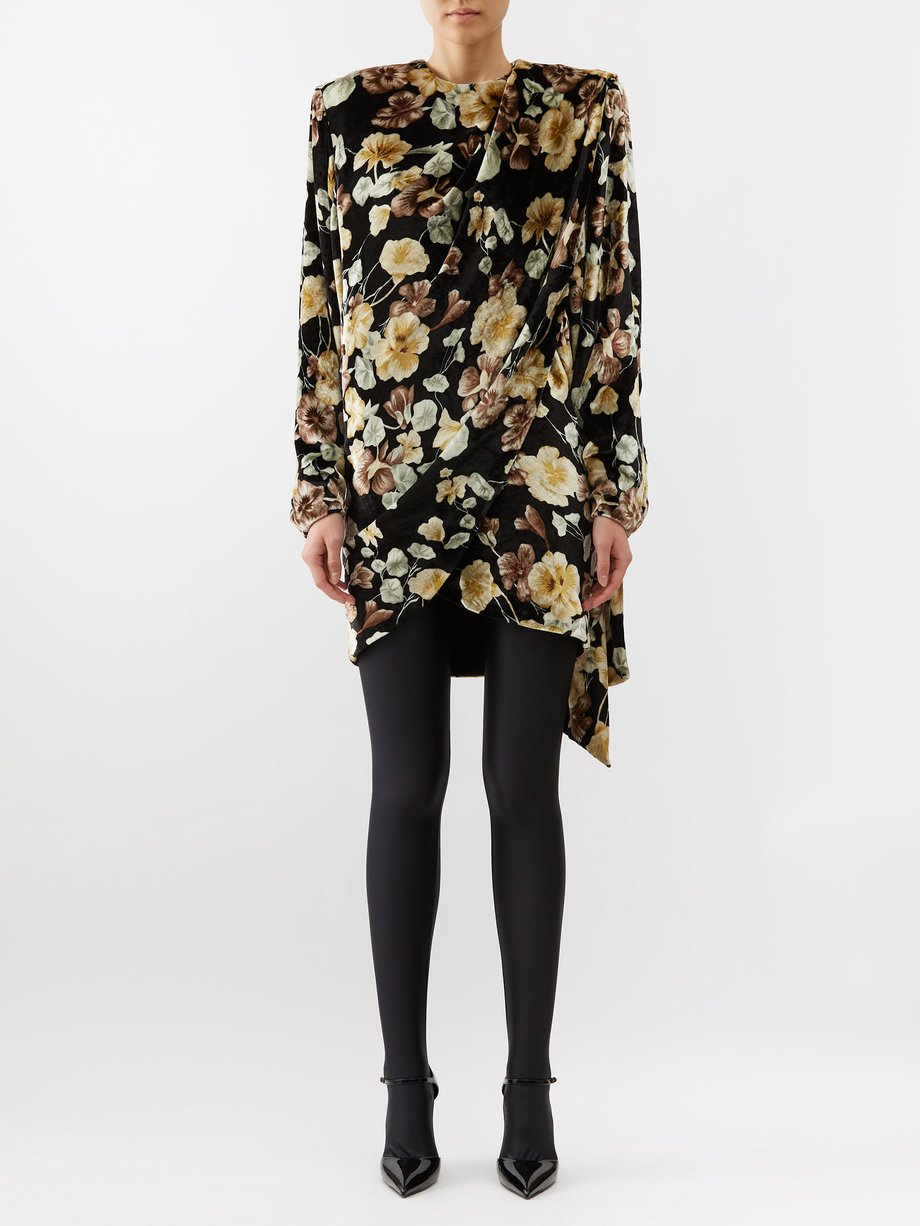 Black Asymmetric draped floral-print jersey mini dress | Saint Laurent ...