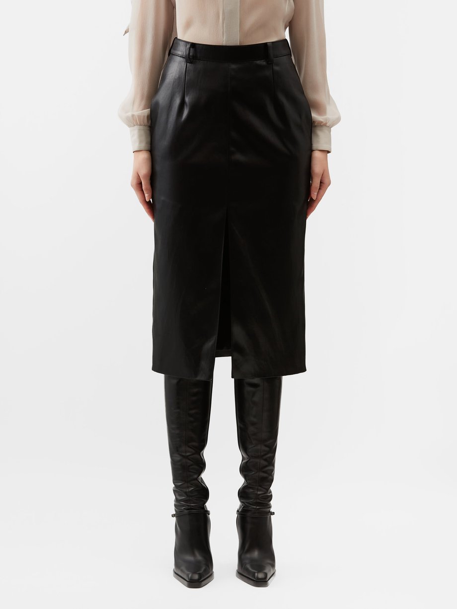Black High-rise front-slit faux-leather pencil skirt