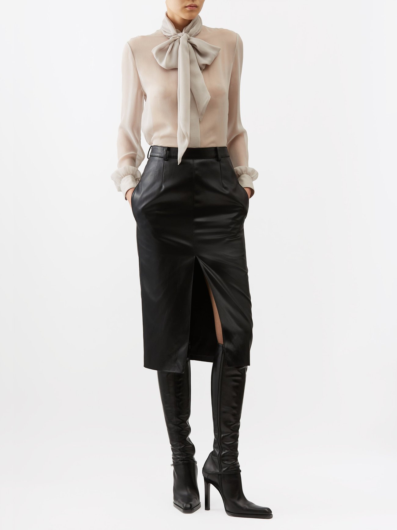 Black High-rise front-slit faux-leather pencil skirt | Saint