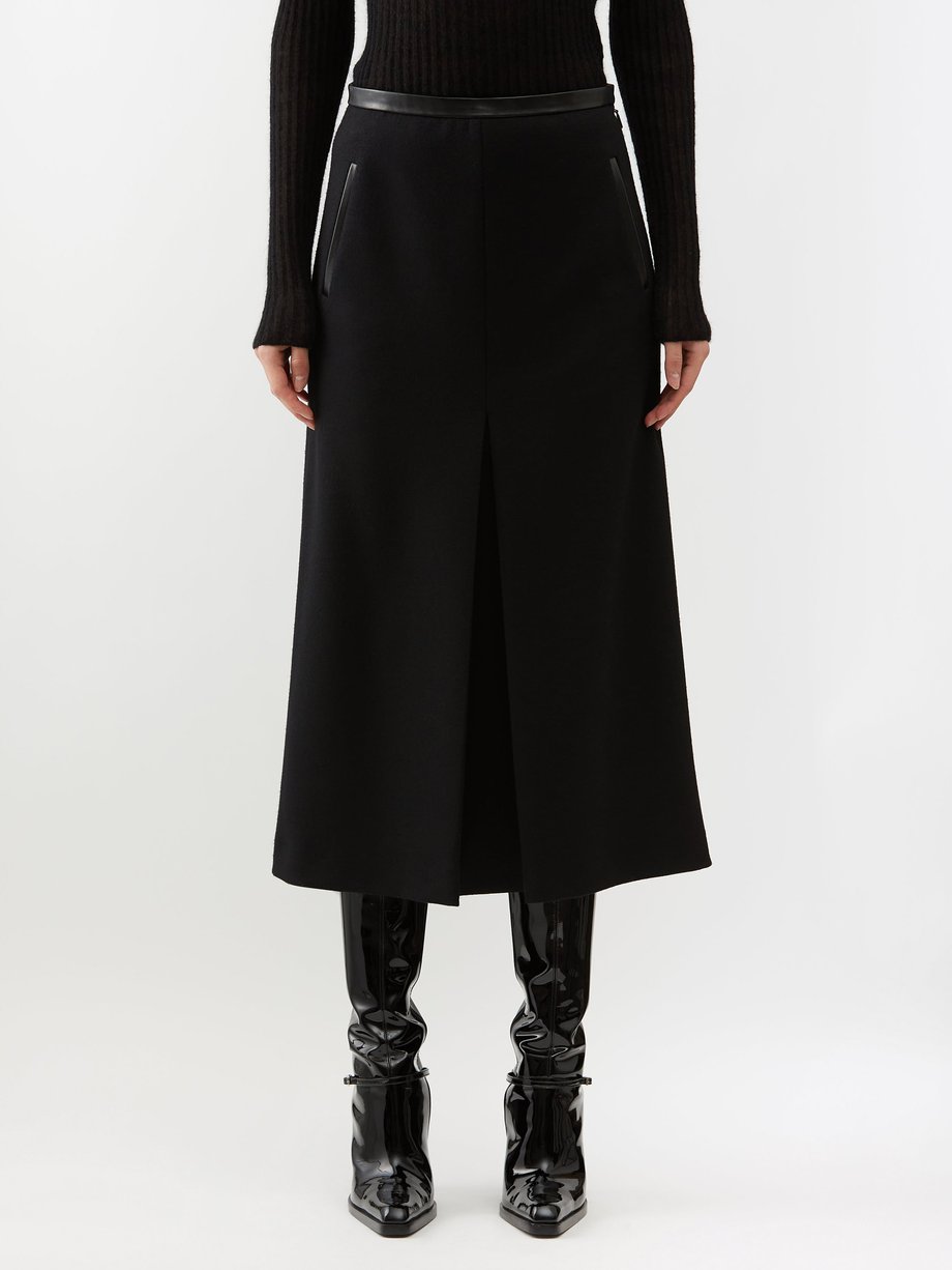 Black Front-slit leather-trim wool midi skirt | Saint Laurent | MATCHES UK