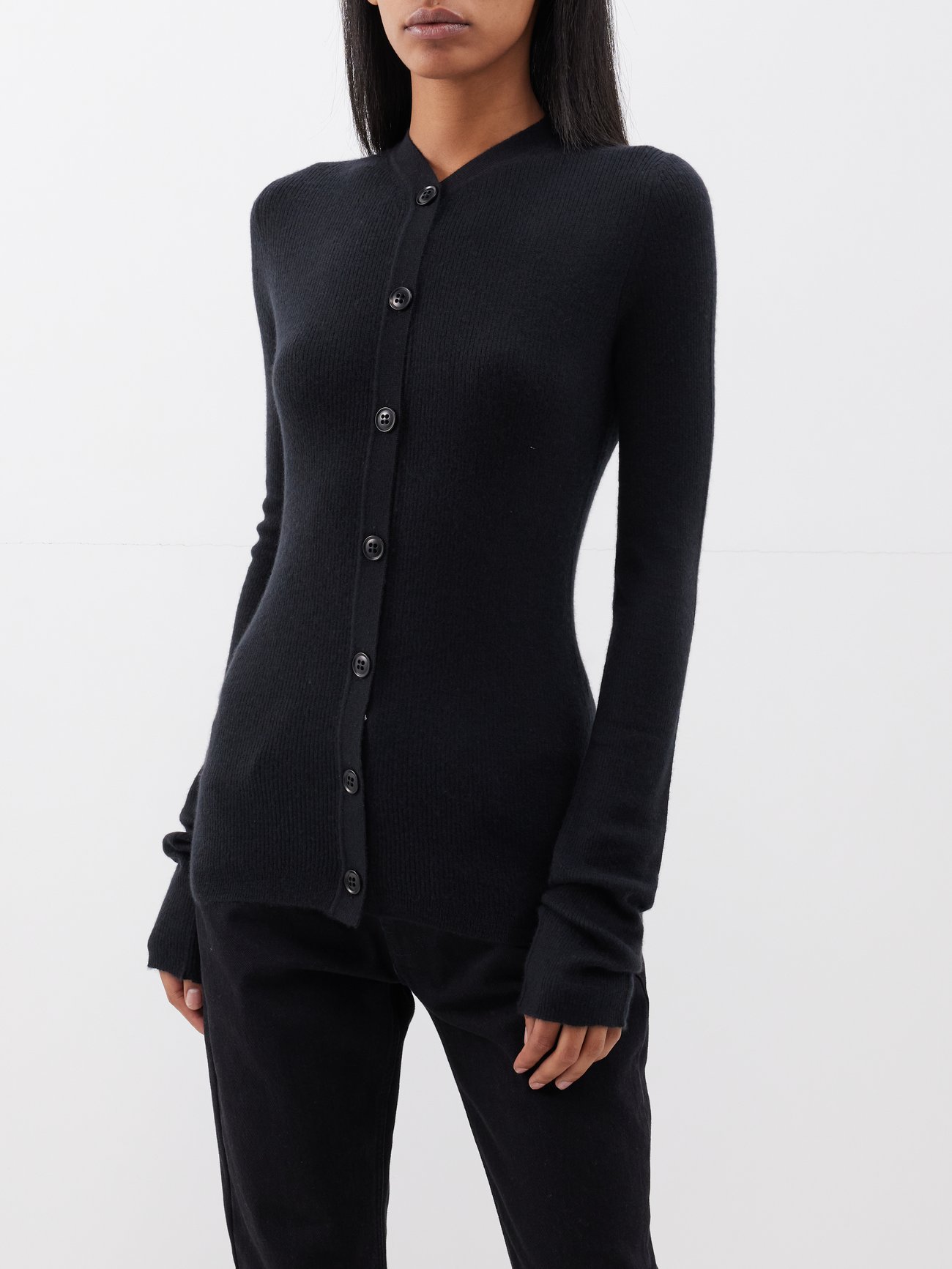 Black Sheer ribbed-knit cashmere cardigan, Raey