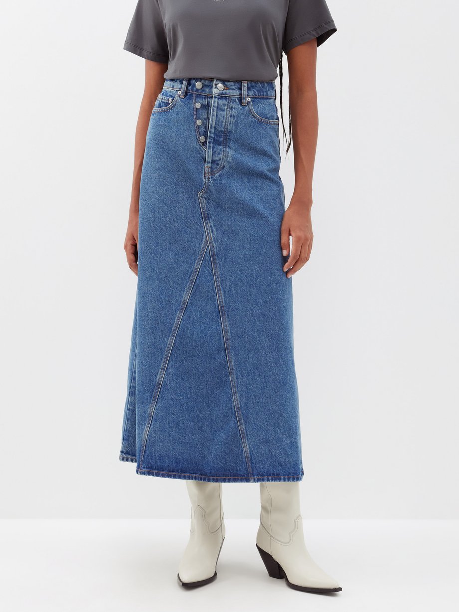 Blue Double-fly front organic-denim skirt | Ganni | MATCHES UK