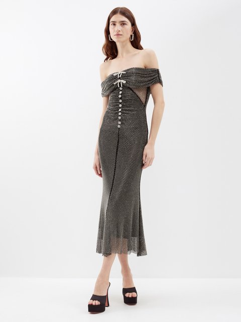 Black silver Crystal-embellished mesh midi dress, Self-Portrait