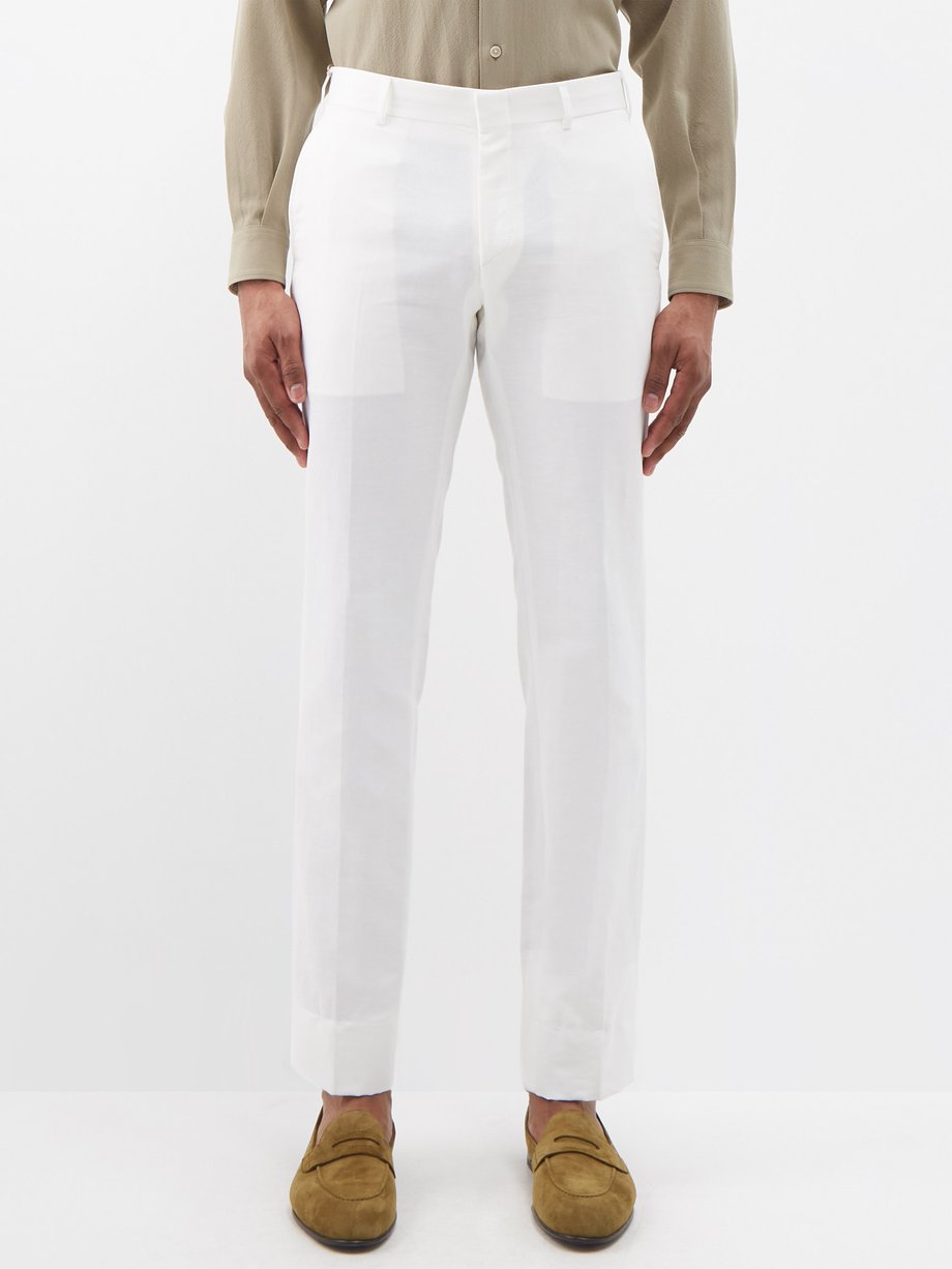 White Pressed-front linen-blend gabardine trousers | Brioni ...