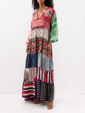 Rianna + Nina Robe longue en soie à motif patchwork vintage