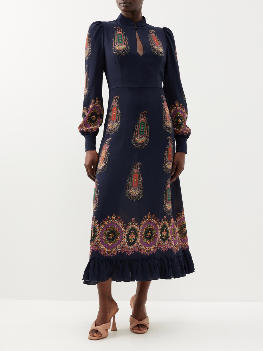 Navy Paisley-print crepe midi dress | Etro | MATCHES UK