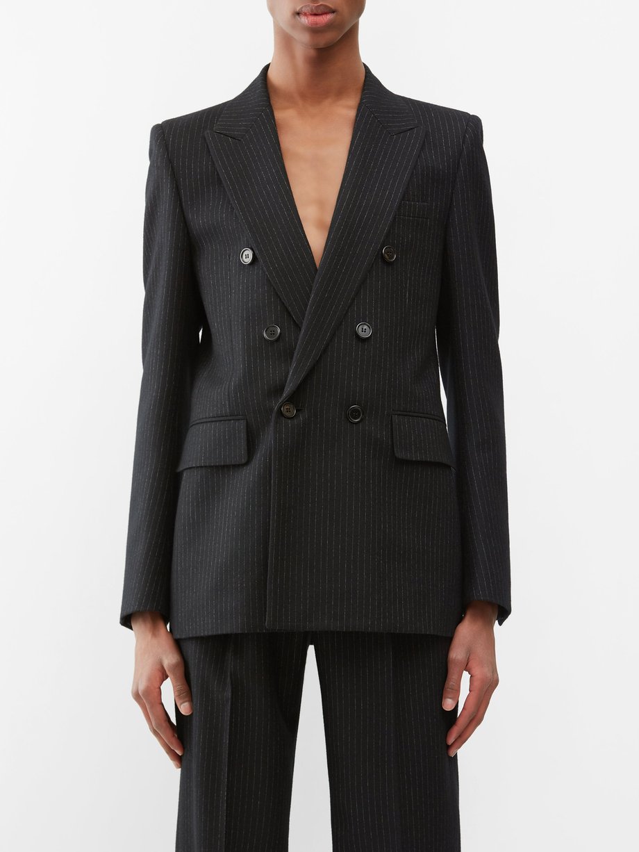 Black Double-breasted pinstriped wool-blend suit jacket | Saint Laurent ...