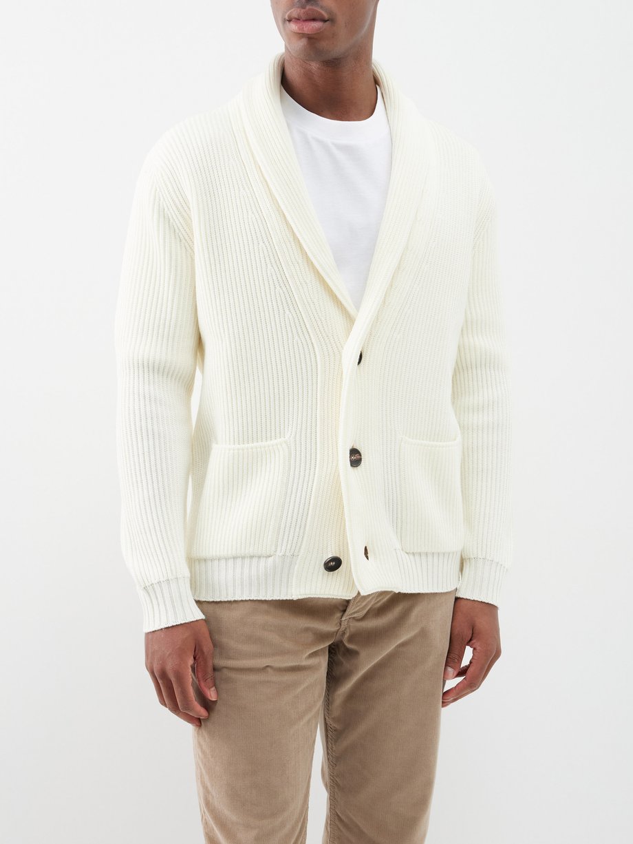 White Shawl-collar ribbed-knit wool cardigan | Thom Sweeney ...