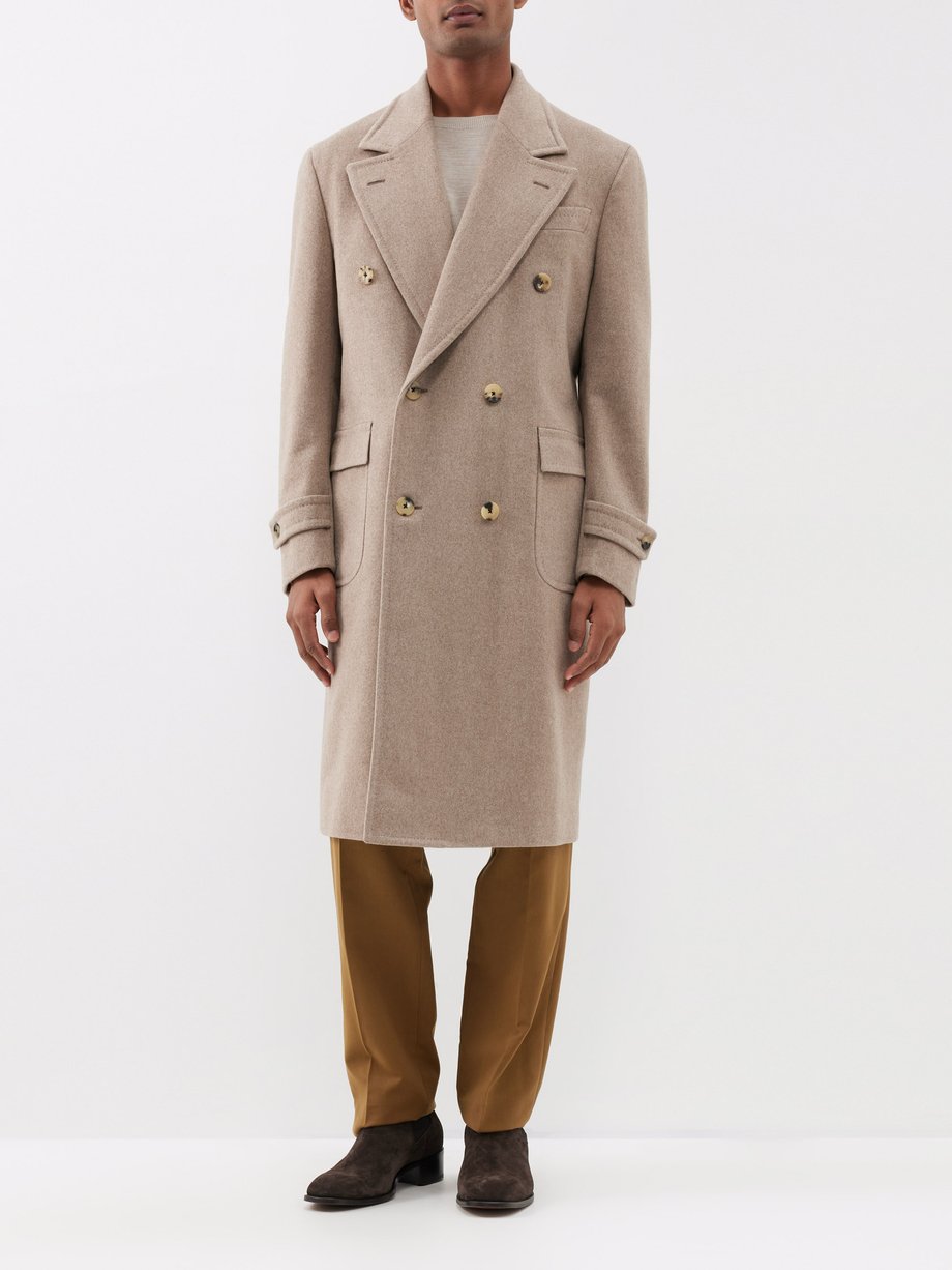 Beige Double-breasted cashmere overcoat | Thom Sweeney | MATCHES UK