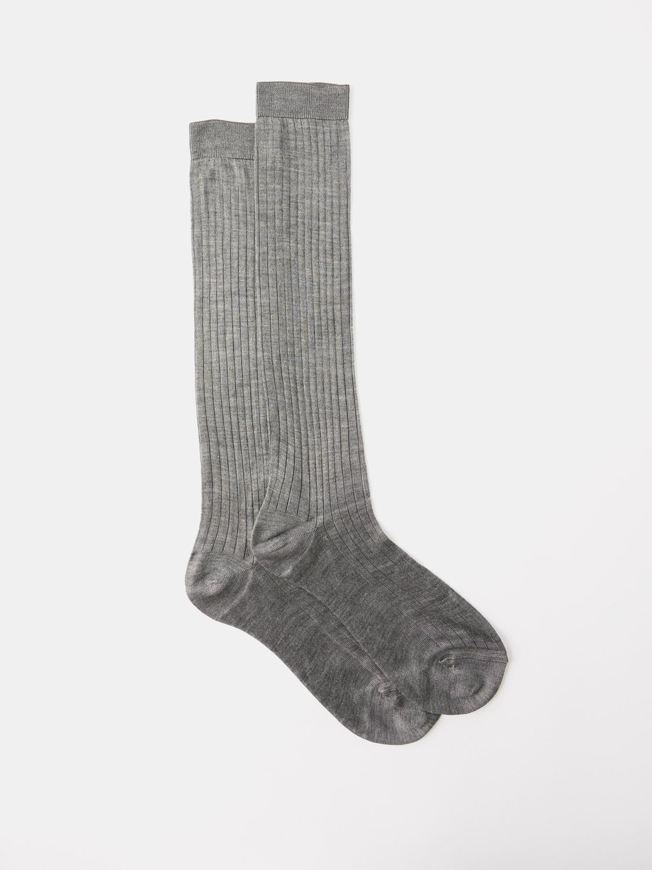 Grey Ribbed-silk knee socks | Raey | MATCHES UK