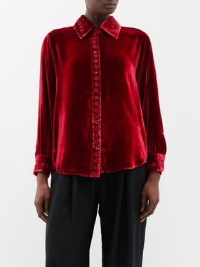 Muzungu Sisters Stella floral-embroidered velvet shirt