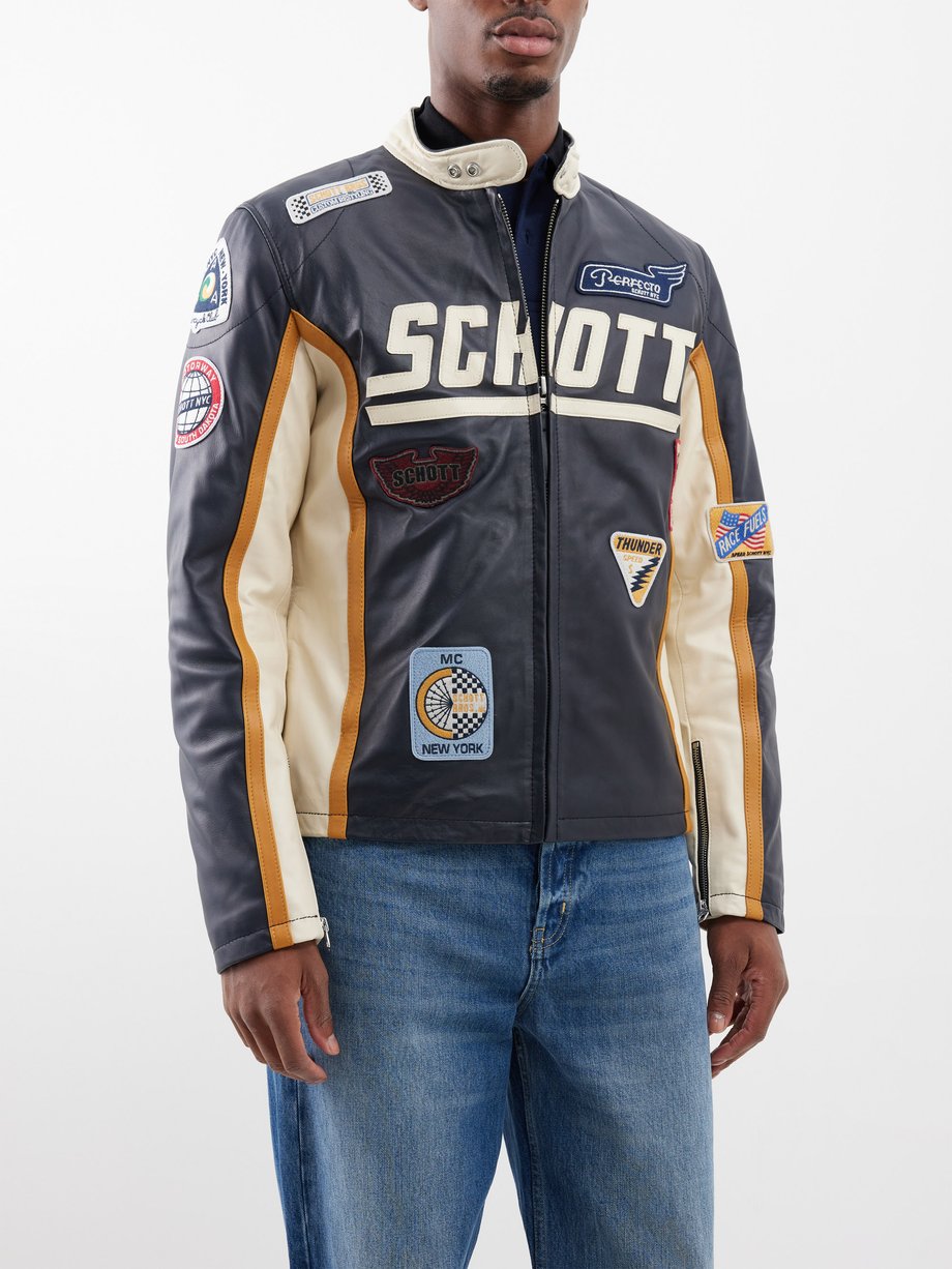 Navy Logo-patch leather biker jacket, Schott NYC