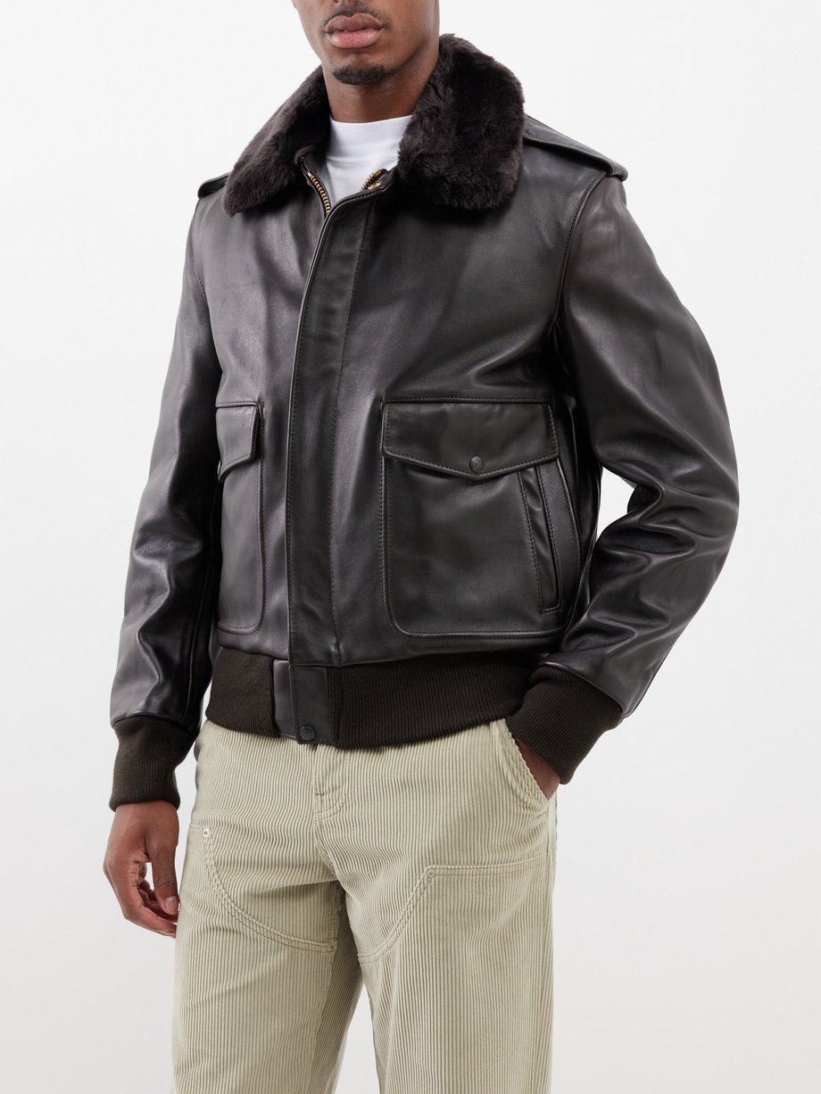 Brown A-2 shearling-collar leather jacket, Schott NYC