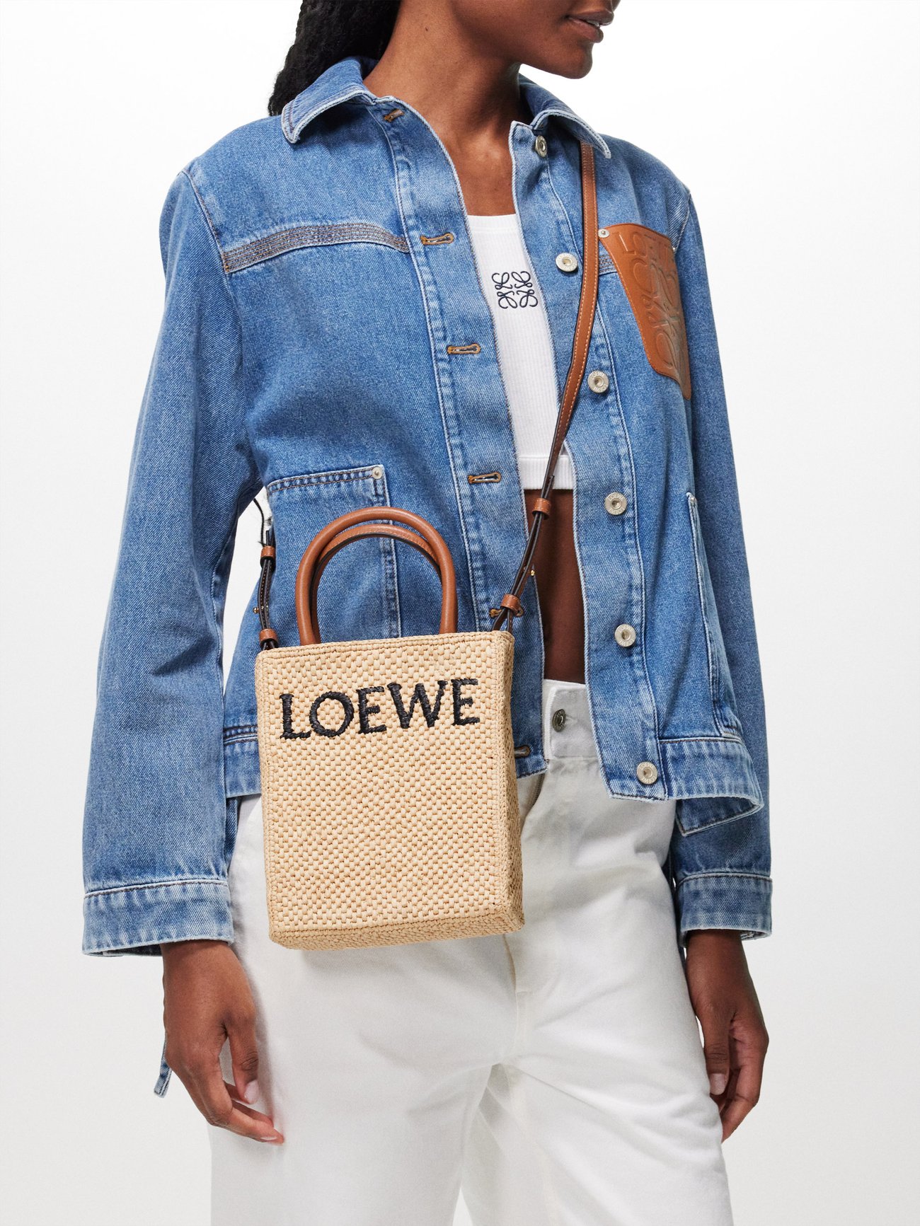 Beige A5 logo-jacquard raffia leather-trim tote bag, LOEWE