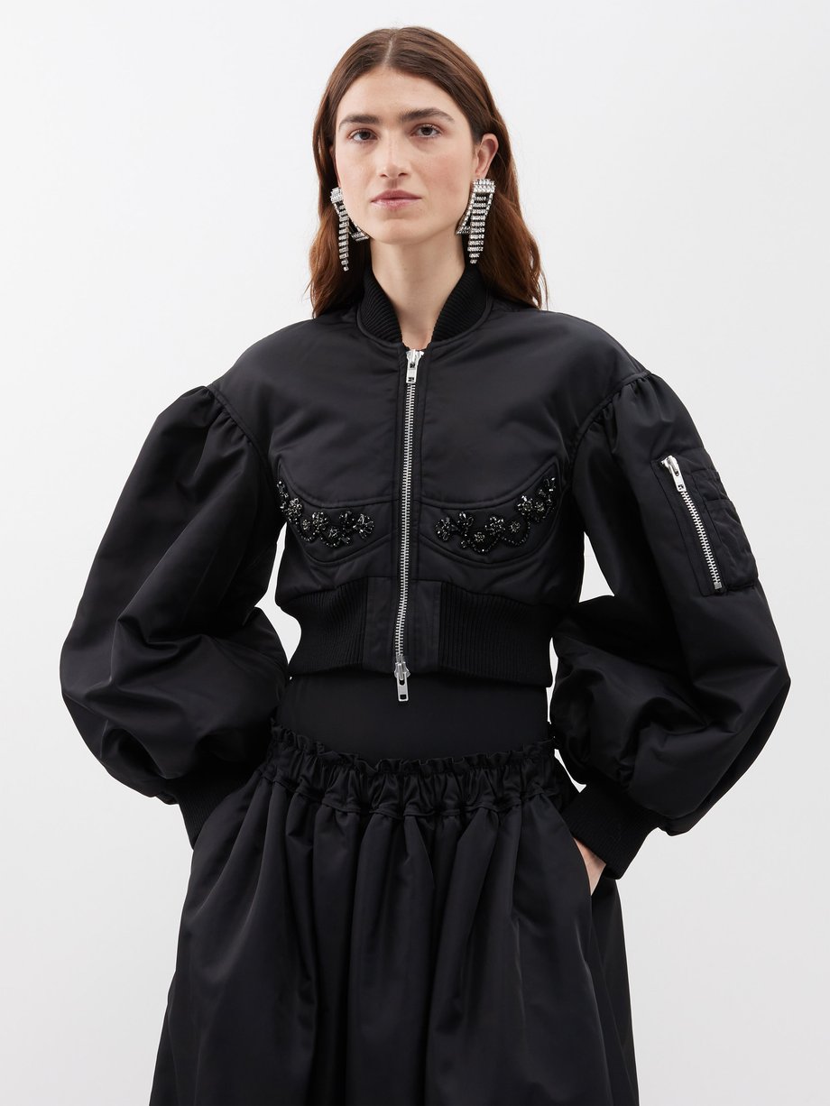 Black Crystal-embellished satin cropped bomber jacket | Simone Rocha ...