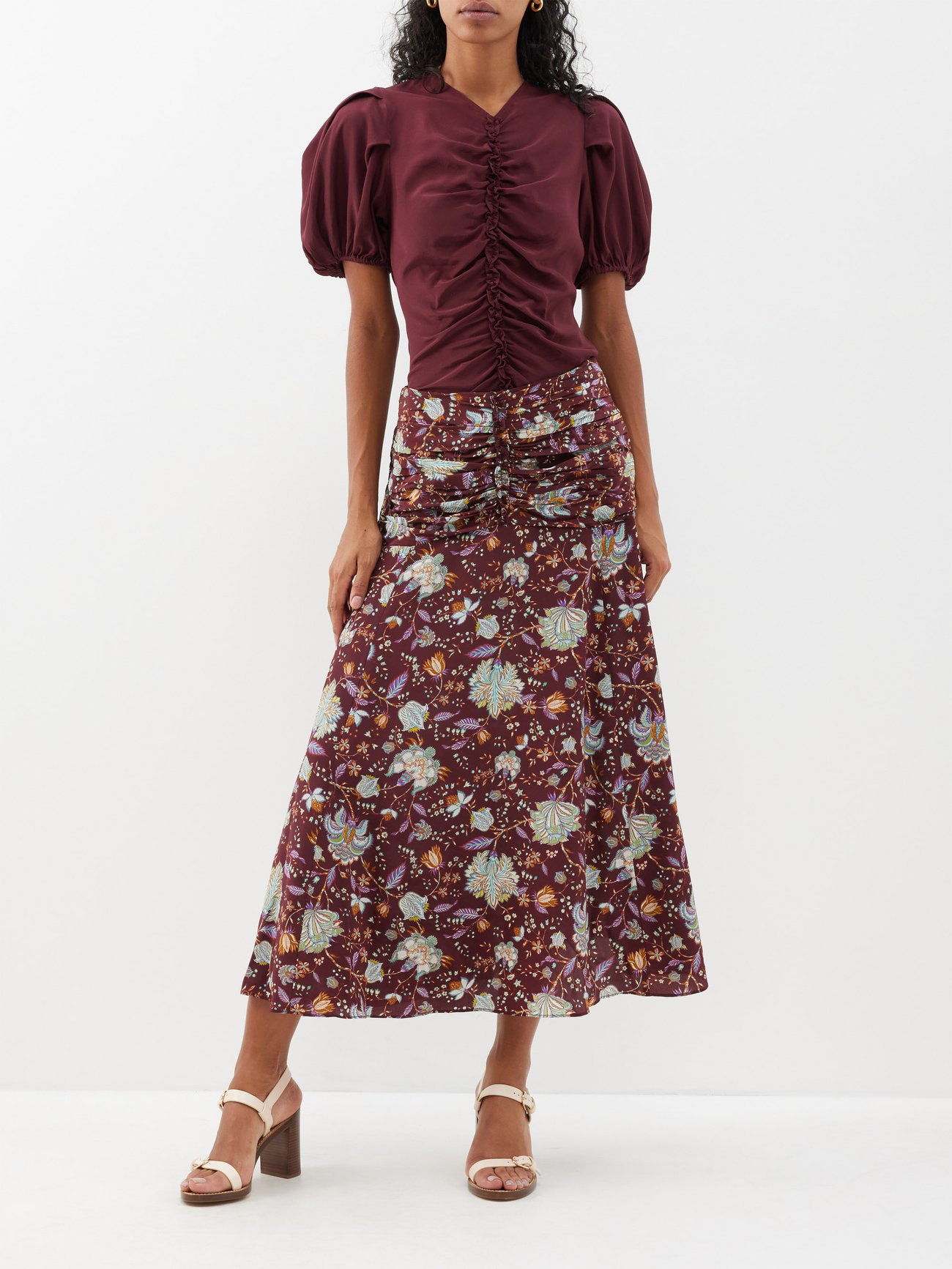 Burgundy Imani Orange Blossom-print silk-crepe midi skirt, Ulla Johnson