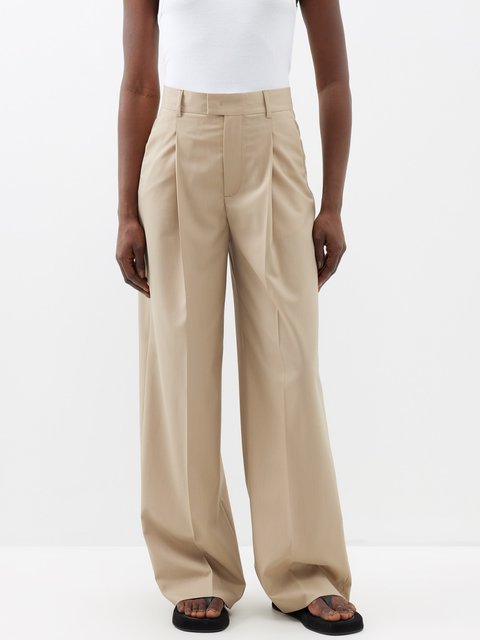 Beige Pleated cotton-blend wide-leg trousers