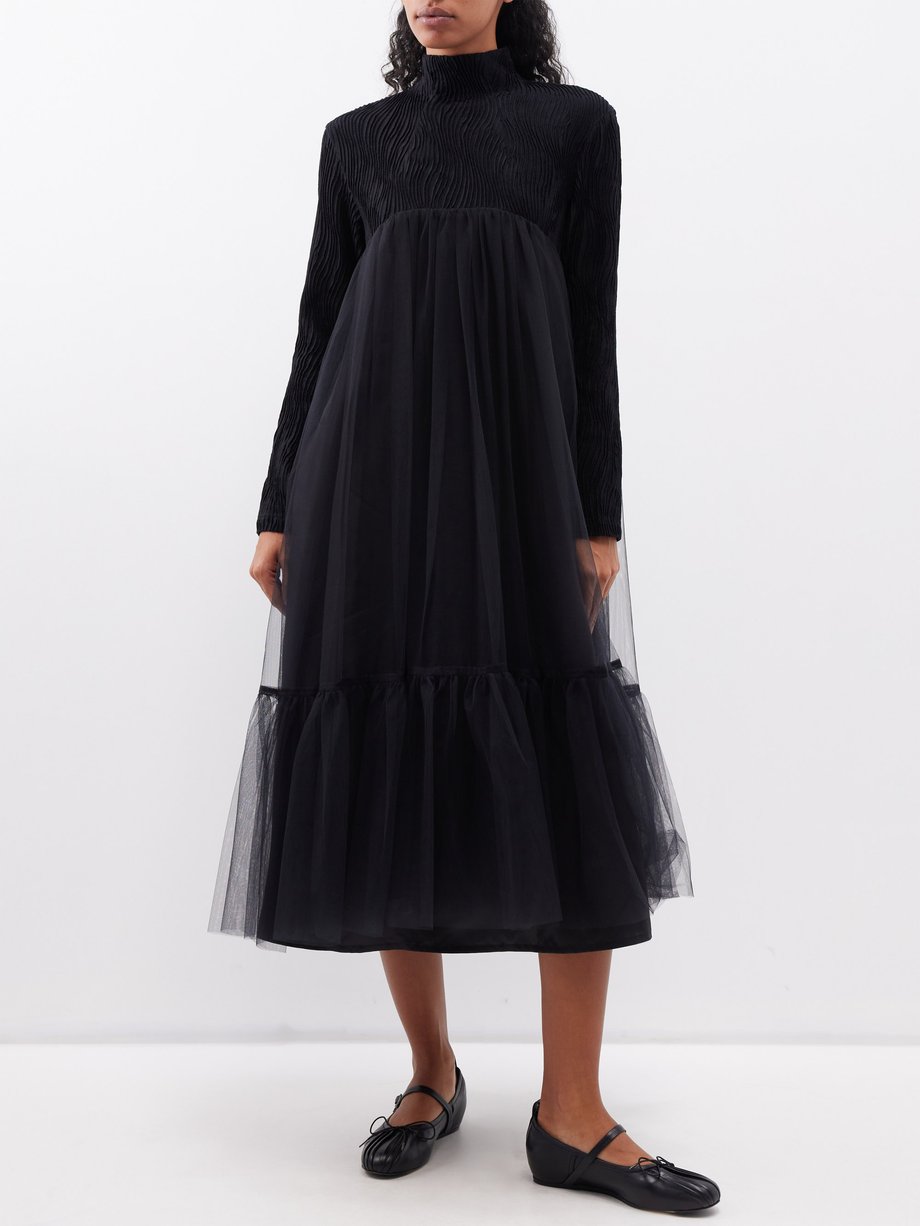 Black Wave-tweed tulle-skirt midi dress | Noir Kei Ninomiya