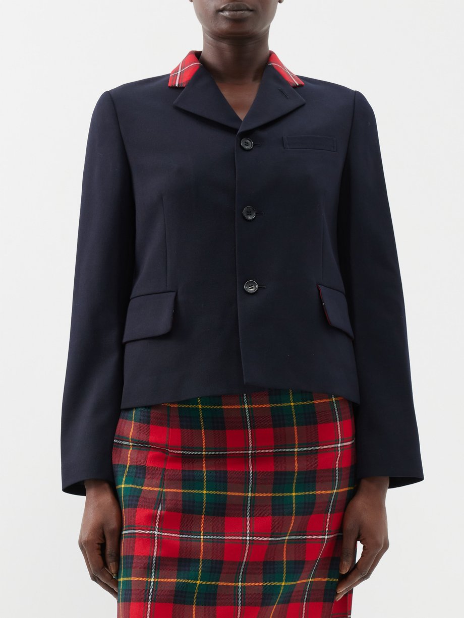 Navy Tartan-collar wool-gabardine jacket | Comme des Garçons Girl