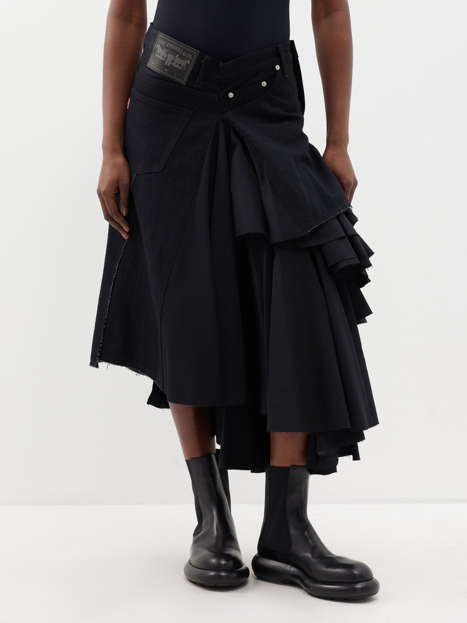 Black X Levi's asymmetric wool and denim midi skirt | Junya Watanabe ...
