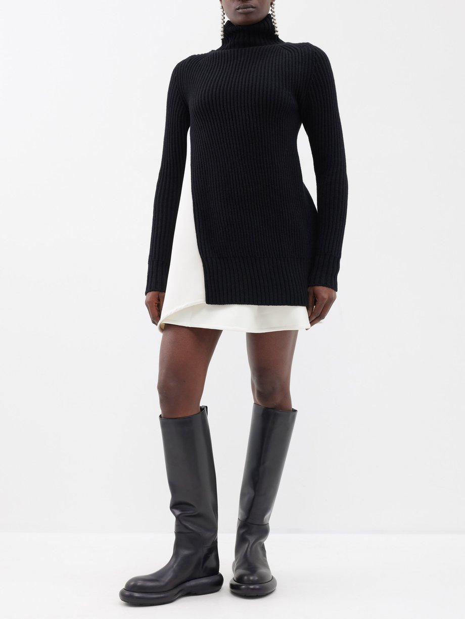 Black Panelled wool and satin knitted mini dress | Sacai