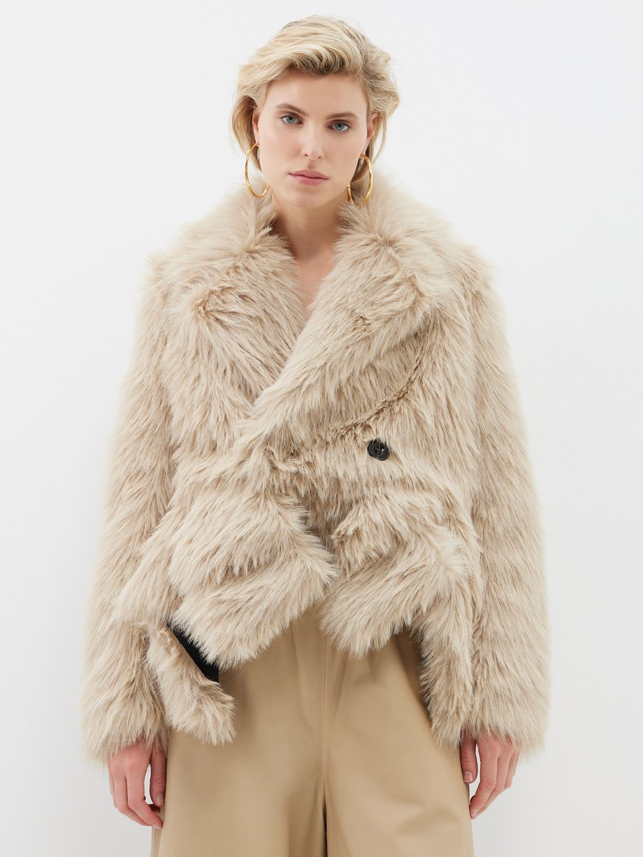 Beige Double-breasted faux-fur coat | Sacai | MATCHESFASHION UK