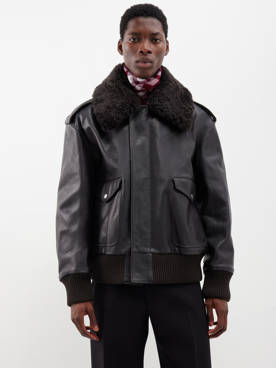 Brown Shearling-collar leather jacket | Burberry | MATCHES UK
