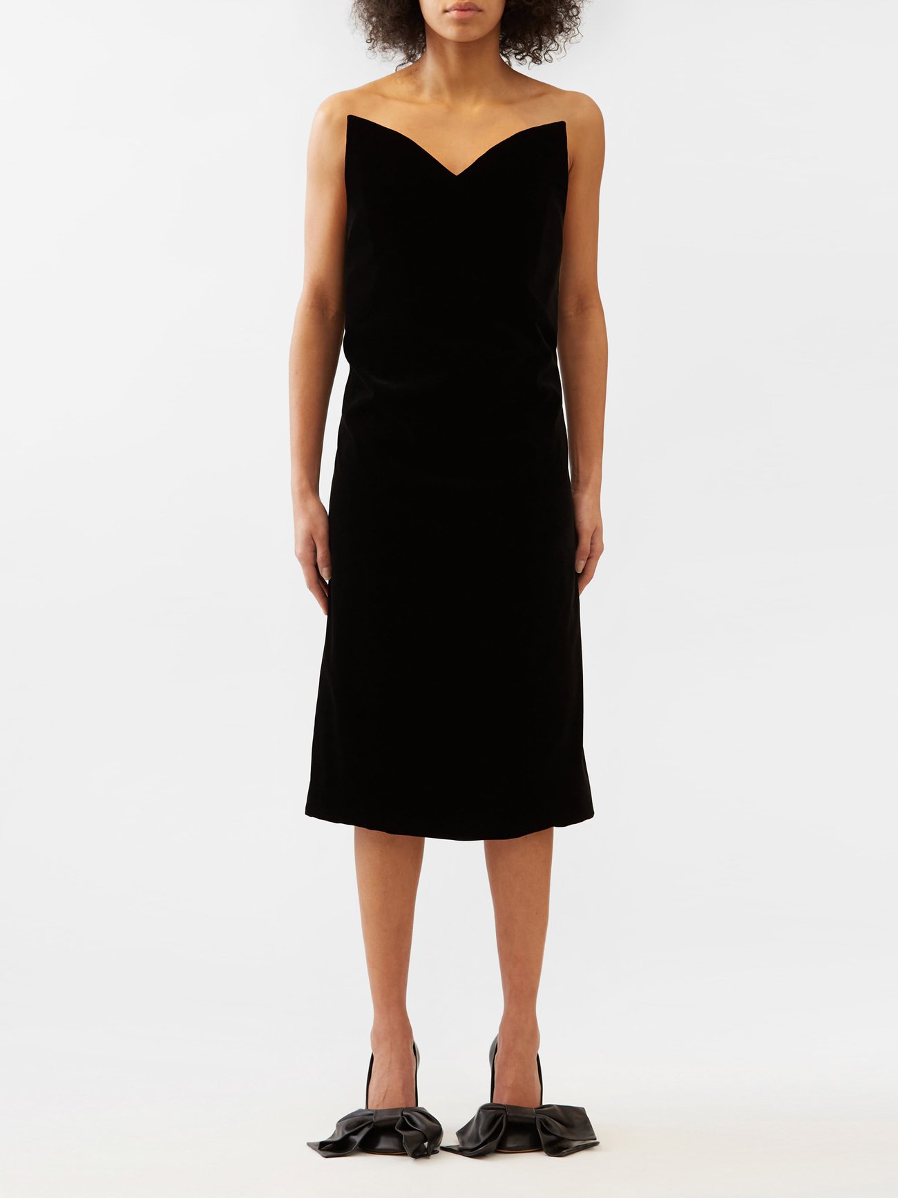 Black Sculpted-neckline velvet midi dress | LOEWE | MATCHES UK