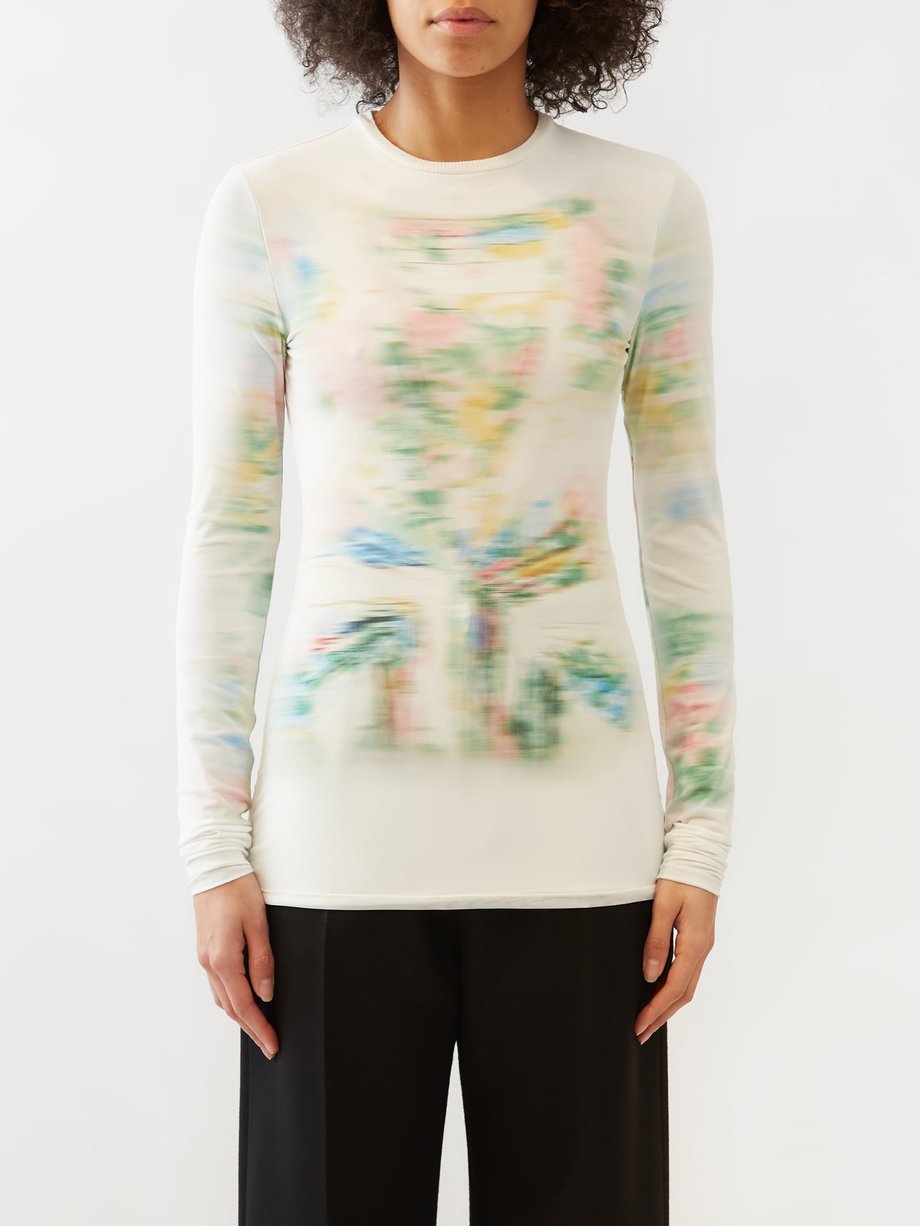 White Blurred-print mesh long-sleeved T-shirt