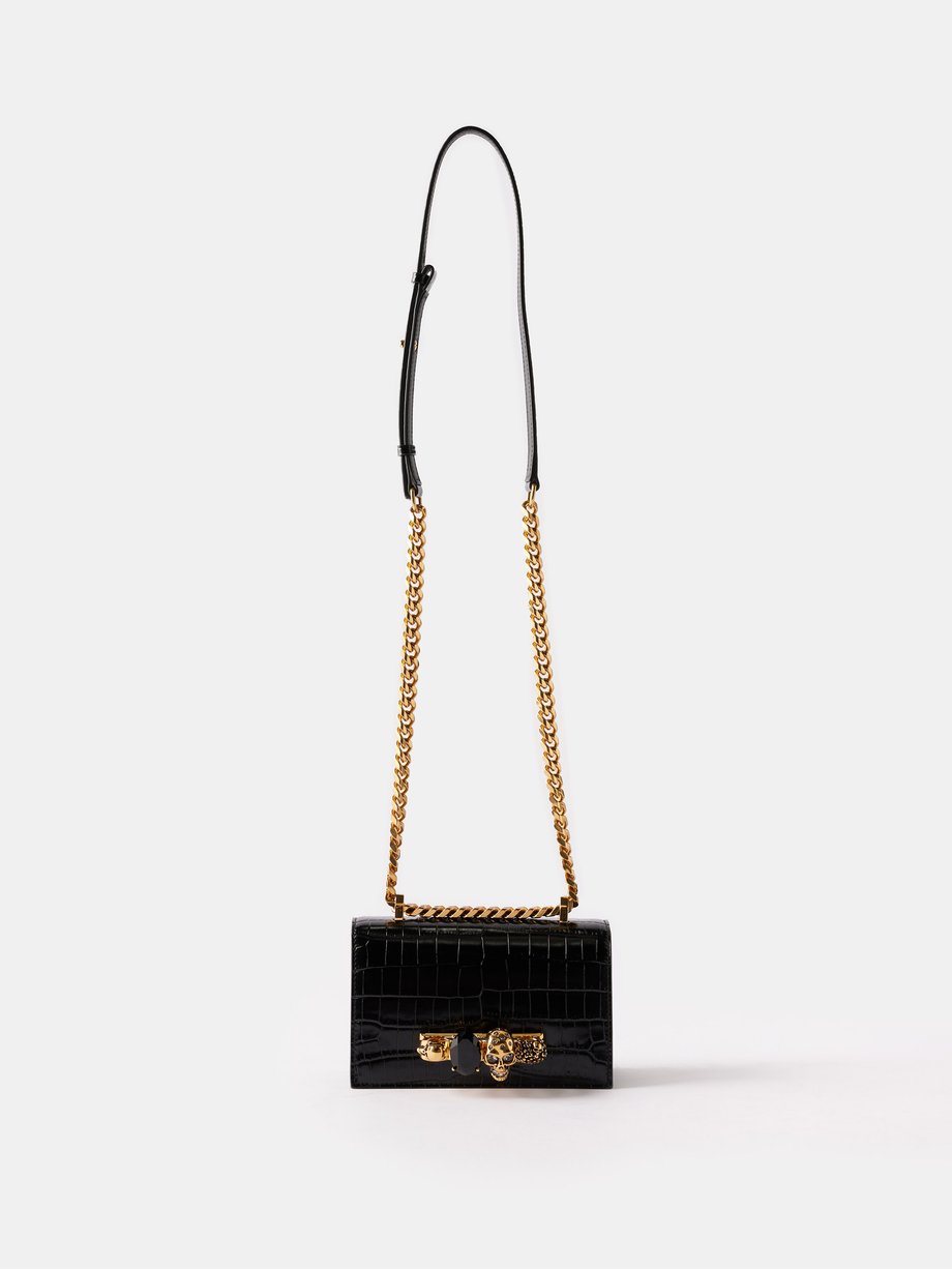 Black Jewelled croc-effect leather cross-body bag | Alexander McQueen ...