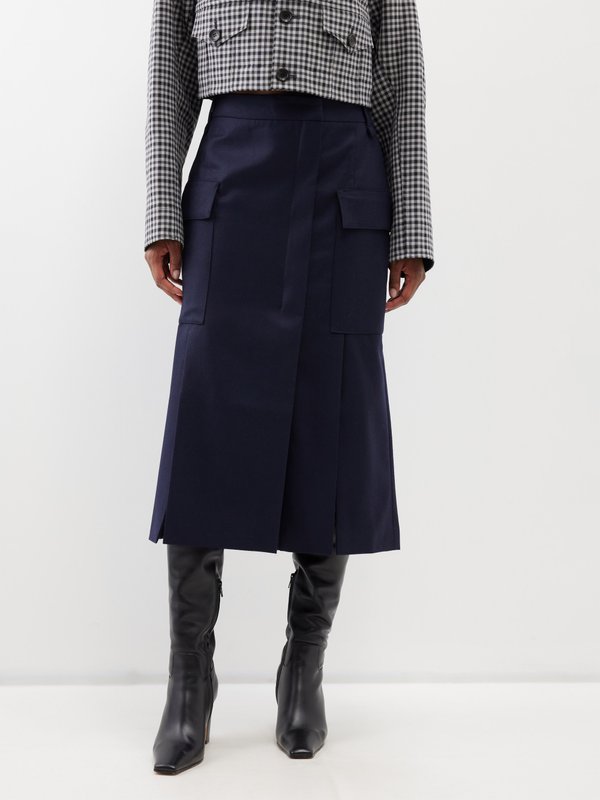 Navy Cargo-pockets wool-flannel midi skirt | Tibi | MATCHES UK
