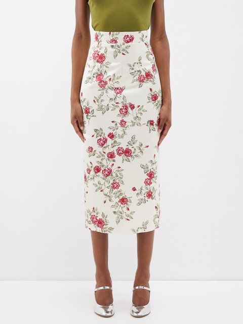 White Lorinda floral-print satin pencil skirt | Emilia Wickstead